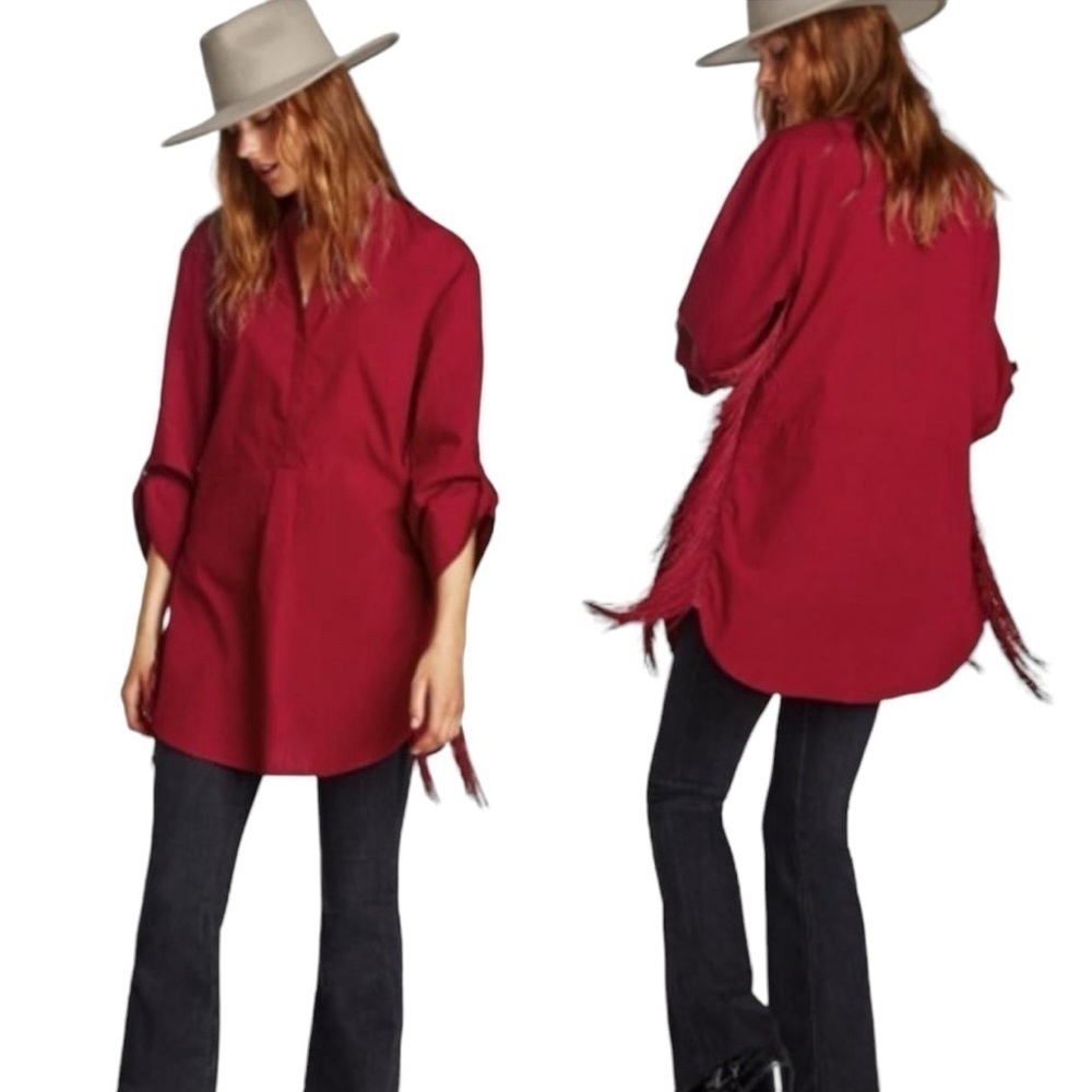 Zara Women Sz XS Red Burgundy Fringe Tunic Shirt Dress Long Sleeve Country